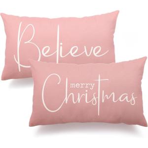 imageChristmas Throw Pillow Covers 12x20 Inch Set of 2 Merry Christmas Farmhouse Decorations Believe Holiday Decor Throw Cushion Case for Home CouchPink