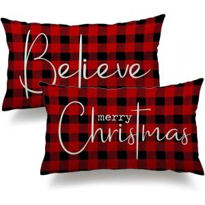 imageChristmas Throw Pillow Covers 12x20 Inch Set of 2 Merry Christmas Farmhouse Decorations Believe Holiday Decor Throw Cushion Case for Home CouchRed Black