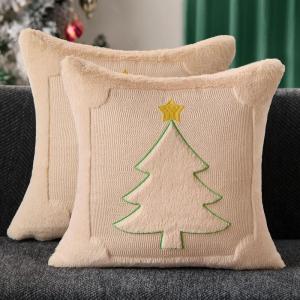 imageDFXSZ Christmas Pillow Covers 18x18 Green Big Christmas Tree Decoration Soft Plush Faux Fur Jacquard Throw Pillows for Bedroom Sofa Holiday Festivals Winter Home Decor PTK068A18Yellow Star Beige Tree