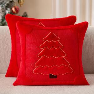 imageDFXSZ Christmas Pillow Covers 18x18 Green Big Christmas Tree Decoration Soft Plush Faux Fur Jacquard Throw Pillows for Bedroom Sofa Holiday Festivals Winter Home Decor PTK068A18Yellow Line Red Trees