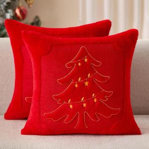 imageDFXSZ Christmas Pillow Covers 18x18 Green Big Christmas Tree Decoration Soft Plush Faux Fur Jacquard Throw Pillows for Bedroom Sofa Holiday Festivals Winter Home Decor PTK068A18Yellow Star Light Red Tree