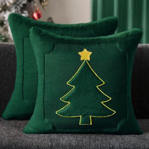 imageDFXSZ Christmas Pillow Covers 18x18 Green Big Christmas Tree Decoration Soft Plush Faux Fur Jacquard Throw Pillows for Bedroom Sofa Holiday Festivals Winter Home Decor PTK068A18Yellow Star Green Tree