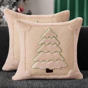 imageDFXSZ Christmas Pillow Covers 18x18 Green Big Christmas Tree Decoration Soft Plush Faux Fur Jacquard Throw Pillows for Bedroom Sofa Holiday Festivals Winter Home Decor PTK068A18Yellow Line Beige Trees