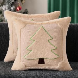 imageDFXSZ Christmas Pillow Covers 18x18 Red StarLanterns Beige Christmas Tree Decoration Soft Plush Faux Fur Jacquard Throw Pillows for Bedroom Sofa Holiday Festivals Winter Home Decor PTK066C18Yellow Line Beige Trees