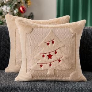 imageDFXSZ Christmas Pillow Covers 18x18 Red StarLanterns Beige Christmas Tree Decoration Soft Plush Faux Fur Jacquard Throw Pillows for Bedroom Sofa Holiday Festivals Winter Home Decor PTK066C18Red Lanterns Beige Tree