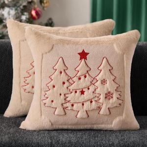 imageDFXSZ Christmas Pillow Covers 18x18 Red StarLanterns Beige Christmas Tree Decoration Soft Plush Faux Fur Jacquard Throw Pillows for Bedroom Sofa Holiday Festivals Winter Home Decor PTK066C18Red Starlanterns Beige Tree