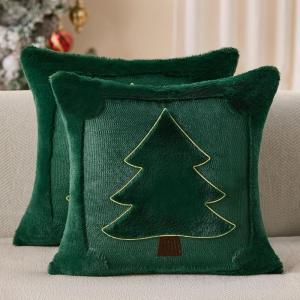 imageDFXSZ Christmas Pillow Covers 18x18 Red StarLanterns Beige Christmas Tree Decoration Soft Plush Faux Fur Jacquard Throw Pillows for Bedroom Sofa Holiday Festivals Winter Home Decor PTK066C18Yellow Line Green Trees