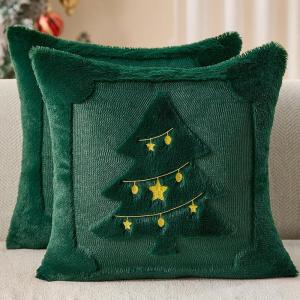 imageDFXSZ Christmas Pillow Covers 18x18 Red StarLanterns Beige Christmas Tree Decoration Soft Plush Faux Fur Jacquard Throw Pillows for Bedroom Sofa Holiday Festivals Winter Home Decor PTK066C18Yellow Lanterns Green Tree