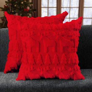 imageDFXSZ Christmas Pillow Covers 18x18 inch Set of 2 Green Christmas Tree Elk Decoration Soft Plush Faux Fur Jacquard Throw Pillows for Bedroom Sofa Holiday Festivals Winter Home Decor PTK069A18Red