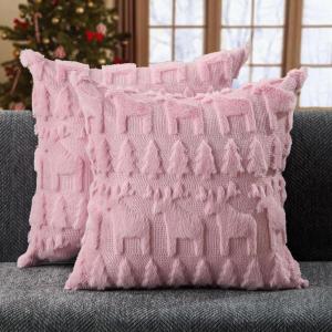 imageDFXSZ Christmas Pillow Covers 18x18 inch Set of 2 Green Christmas Tree Elk Decoration Soft Plush Faux Fur Jacquard Throw Pillows for Bedroom Sofa Holiday Festivals Winter Home Decor PTK069A18Pink