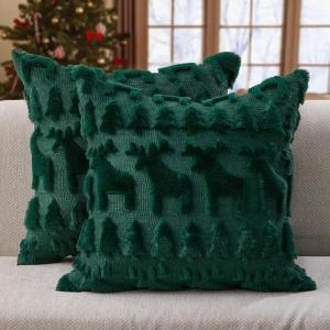 imageDFXSZ Christmas Pillow Covers 18x18 inch Set of 2 Green Christmas Tree Elk Decoration Soft Plush Faux Fur Jacquard Throw Pillows for Bedroom Sofa Holiday Festivals Winter Home Decor PTK069A18Green