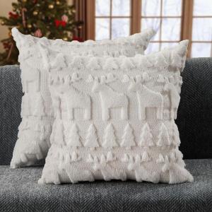 imageDFXSZ Christmas Pillow Covers 18x18 inch Set of 2 Green Christmas Tree Elk Decoration Soft Plush Faux Fur Jacquard Throw Pillows for Bedroom Sofa Holiday Festivals Winter Home Decor PTK069A18White
