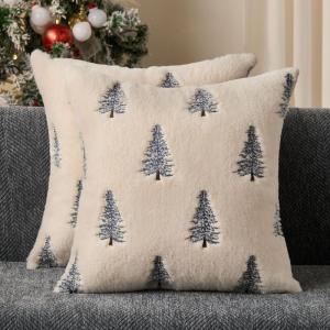 imageDFXSZ Christmas Pillow Covers 18x18 inch Set of 2 Green Embroidered Christmas Tree Decoration Beige Soft Plush Faux Fur Jacquard Throw Pillows for Bedroom Sofa Holiday Winter Home Decor PTK071C18Beige Blue