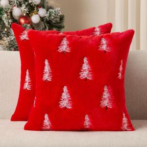 imageDFXSZ Christmas Pillow Covers 18x18 inch Set of 2 Green Embroidered Christmas Tree Decoration Beige Soft Plush Faux Fur Jacquard Throw Pillows for Bedroom Sofa Holiday Winter Home Decor PTK071C18Red White