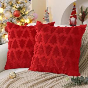 imageDFXSZ Christmas Tree Pillow Covers 18x18 inch Set of 2 Christmas Decoration Green Soft Plush Faux Fur Jacquard Throw Pillows for Bedroom Sofa Holiday Festivals Winter Home Decor PTK006A18Red Christmas Tree