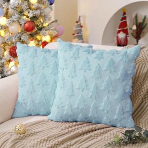 imageDFXSZ Christmas Tree Pillow Covers 18x18 inch Set of 2 Christmas Decoration Green Soft Plush Faux Fur Jacquard Throw Pillows for Bedroom Sofa Holiday Festivals Winter Home Decor PTK006A18Blue