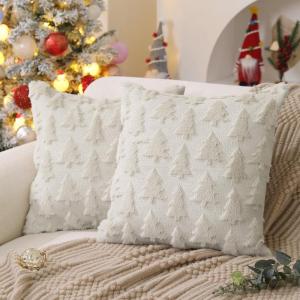 imageDFXSZ Christmas Tree Pillow Covers 18x18 inch Set of 2 Christmas Decoration Green Soft Plush Faux Fur Jacquard Throw Pillows for Bedroom Sofa Holiday Festivals Winter Home Decor PTK006A18Cream White