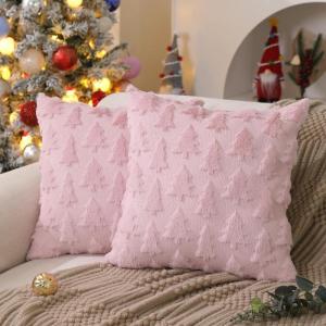 imageDFXSZ Christmas Tree Pillow Covers 18x18 inch Set of 2 Christmas Decoration Green Soft Plush Faux Fur Jacquard Throw Pillows for Bedroom Sofa Holiday Festivals Winter Home Decor PTK006A18Pink