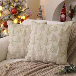 imageDFXSZ Christmas Tree Pillow Covers 18x18 inch Set of 2 Christmas Decoration Green Soft Plush Faux Fur Jacquard Throw Pillows for Bedroom Sofa Holiday Festivals Winter Home Decor PTK006A18Beige