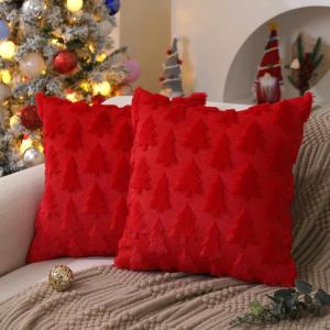 imageDFXSZ Christmas Tree Pillow Covers 18x18 inch Set of 2 Christmas Decoration Green Soft Plush Faux Fur Jacquard Throw Pillows for Bedroom Sofa Holiday Festivals Winter Home Decor PTK006A18Red