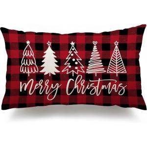 imageDFXSZ Merry Christmas Pillow Cover 12x20 Farmhouse Christmas Throw Lumbar Pillow Cover Decorations Christmas Tree Holiday Decor Case for Home CouchRed Black