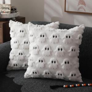 imageDFXSZ Halloween Pillow Covers 16x16 inch Set of 2 Beige Skeletont Halloween Decorations Soft Plush Faux Fur Wool Couch Cushion Case for Chair Sofa Bedroom Living Room Home Decor PTK04C16White Ghost