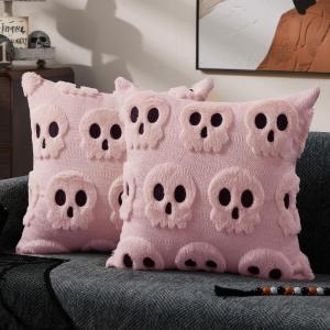 imageDFXSZ Halloween Pillow Covers 16x16 inch Set of 2 Beige Skeletont Halloween Decorations Soft Plush Faux Fur Wool Couch Cushion Case for Chair Sofa Bedroom Living Room Home Decor PTK04C16Pink