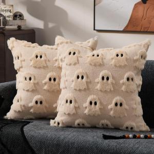 imageDFXSZ Halloween Pillow Covers 16x16 inch Set of 2 Beige Skeletont Halloween Decorations Soft Plush Faux Fur Wool Couch Cushion Case for Chair Sofa Bedroom Living Room Home Decor PTK04C16Beige Ghost