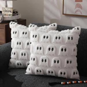 imageDFXSZ Halloween Pillow Covers 16x16 inch Set of 2 Beige Skeletont Halloween Decorations Soft Plush Faux Fur Wool Couch Cushion Case for Chair Sofa Bedroom Living Room Home Decor PTK04C16White Black Ghost