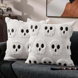 imageDFXSZ Halloween Pillow Covers 16x16 inch Set of 2 Beige Skeletont Halloween Decorations Soft Plush Faux Fur Wool Couch Cushion Case for Chair Sofa Bedroom Living Room Home Decor PTK04C16White