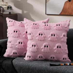 imageDFXSZ Halloween Pillow Covers 16x16 inch Set of 2 Beige Skeletont Halloween Decorations Soft Plush Faux Fur Wool Couch Cushion Case for Chair Sofa Bedroom Living Room Home Decor PTK04C16Pink Ghost