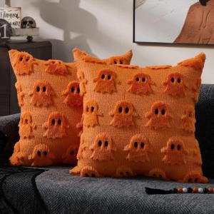 imageDFXSZ Halloween Pillow Covers 16x16 inch Set of 2 Beige Skeletont Halloween Decorations Soft Plush Faux Fur Wool Couch Cushion Case for Chair Sofa Bedroom Living Room Home Decor PTK04C16Orange Ghost