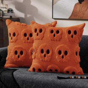 imageDFXSZ Halloween Pillow Covers 16x16 inch Set of 2 Beige Skeletont Halloween Decorations Soft Plush Faux Fur Wool Couch Cushion Case for Chair Sofa Bedroom Living Room Home Decor PTK04C16Orange