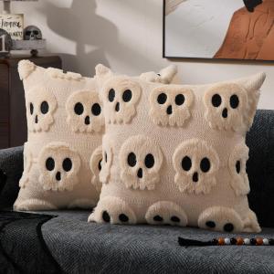imageDFXSZ Halloween Pillow Covers 16x16 inch Set of 2 Beige Skeletont Halloween Decorations Soft Plush Faux Fur Wool Couch Cushion Case for Chair Sofa Bedroom Living Room Home Decor PTK04C16Beige