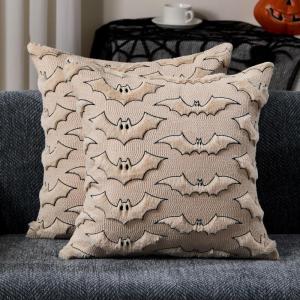 imageDFXSZ Halloween Pillow Covers 18x18 inch Set of 2 Beige Bat with Black Eyes Throw Pillow Cases Soft Plush Faux Fur Wool Couch Cushion Case for Chair Sofa Bedroom Living Room Home Decor PTK059A18Beige
