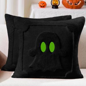 imageDFXSZ Halloween Pillow Covers 18x18 inch Set of 2 Black Eyes Beige Ghost Throw Pillow Cases Soft Plush Faux Fur Wool Couch Cushion Case for Chair Sofa Bedroom Living Room Home Decor PTK058B18Black
