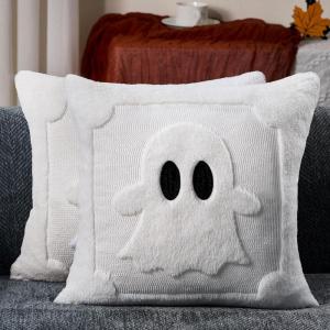 imageDFXSZ Halloween Pillow Covers 18x18 inch Set of 2 Black Eyes Beige Ghost Throw Pillow Cases Soft Plush Faux Fur Wool Couch Cushion Case for Chair Sofa Bedroom Living Room Home Decor PTK058B18Cream White