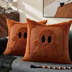 imageDFXSZ Halloween Pillow Covers 18x18 inch Set of 2 Black Eyes Beige Ghost Throw Pillow Cases Soft Plush Faux Fur Wool Couch Cushion Case for Chair Sofa Bedroom Living Room Home Decor PTK058B18Rust