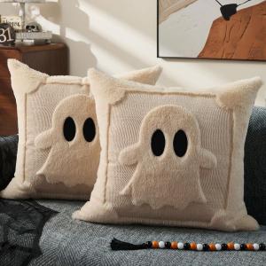 imageDFXSZ Halloween Pillow Covers 18x18 inch Set of 2 Black Eyes Beige Ghost Throw Pillow Cases Soft Plush Faux Fur Wool Couch Cushion Case for Chair Sofa Bedroom Living Room Home Decor PTK058B18Beige