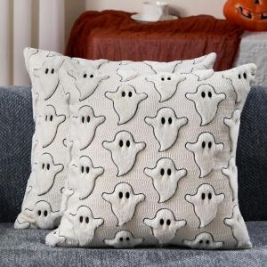 imageDFXSZ Halloween Pillow Covers 18x18 inch Set of 2 Black Eyes White Ghost Throw Pillow Cases Soft Plush Faux Fur Wool Couch Cushion Case for Chair Sofa Bedroom Living Room Home Decor PTK056A18White