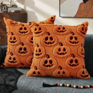 imageDFXSZ Halloween Pillow Covers 18x18 inch Set of 2 Black Eyes White Ghost Throw Pillow Cases Soft Plush Faux Fur Wool Couch Cushion Case for Chair Sofa Bedroom Living Room Home Decor PTK056A18Blackorange Pumpkins