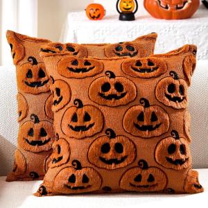 imageDFXSZ Halloween Pillow Covers 18x18 inch Set of 2 Black Eyes White Ghost Throw Pillow Cases Soft Plush Faux Fur Wool Couch Cushion Case for Chair Sofa Bedroom Living Room Home Decor PTK056A18Blackrust Pumpkins