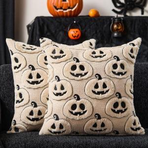 imageDFXSZ Halloween Pillow Covers 18x18 inch Set of 2 Black Eyes White Ghost Throw Pillow Cases Soft Plush Faux Fur Wool Couch Cushion Case for Chair Sofa Bedroom Living Room Home Decor PTK056A18Blackbeige Pumpkins
