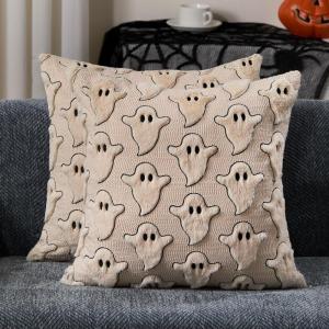 imageDFXSZ Halloween Pillow Covers 18x18 inch Set of 2 Black Eyes White Ghost Throw Pillow Cases Soft Plush Faux Fur Wool Couch Cushion Case for Chair Sofa Bedroom Living Room Home Decor PTK056A18Beige