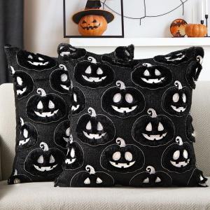 imageDFXSZ Halloween Pillow Covers 18x18 inch Set of 2 Black Eyes White Ghost Throw Pillow Cases Soft Plush Faux Fur Wool Couch Cushion Case for Chair Sofa Bedroom Living Room Home Decor PTK056A18Blackwhite Pumpkins