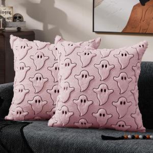 imageDFXSZ Halloween Pillow Covers 18x18 inch Set of 2 Black Eyes White Ghost Throw Pillow Cases Soft Plush Faux Fur Wool Couch Cushion Case for Chair Sofa Bedroom Living Room Home Decor PTK056A18Pink