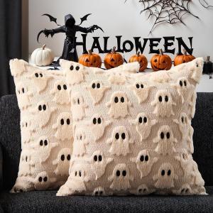imageDFXSZ Halloween Pillow Covers 18x18 inch Set of 2 Black Ghost Throw Pillow Cases Soft Plush Faux Fur Wool Couch Cushion Case for Chair Sofa Bedroom Living Room Home Decor PTK03F18Beige
