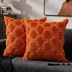 imageDFXSZ Halloween Pillow Covers 18x18 inch Set of 2 Black Ghost Throw Pillow Cases Soft Plush Faux Fur Wool Couch Cushion Case for Chair Sofa Bedroom Living Room Home Decor PTK03F18Orange Ghost