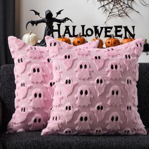 imageDFXSZ Halloween Pillow Covers 18x18 inch Set of 2 Black Ghost Throw Pillow Cases Soft Plush Faux Fur Wool Couch Cushion Case for Chair Sofa Bedroom Living Room Home Decor PTK03F18Pink