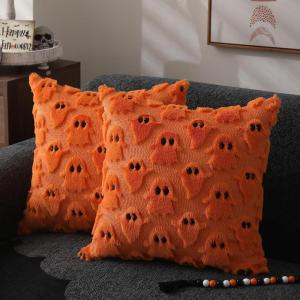 imageDFXSZ Halloween Pillow Covers 18x18 inch Set of 2 Black Ghost Throw Pillow Cases Soft Plush Faux Fur Wool Couch Cushion Case for Chair Sofa Bedroom Living Room Home Decor PTK03F18Orange
